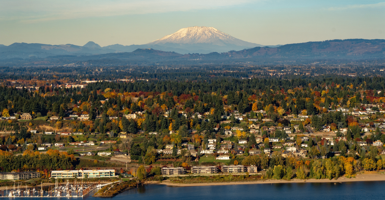 aerial view of Clark County with Mt St Helens in the background