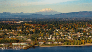 aerial view of Clark County with Mt St Helens in the background