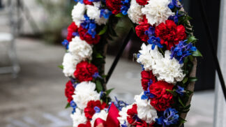 wreath made of red, white and blue flowers